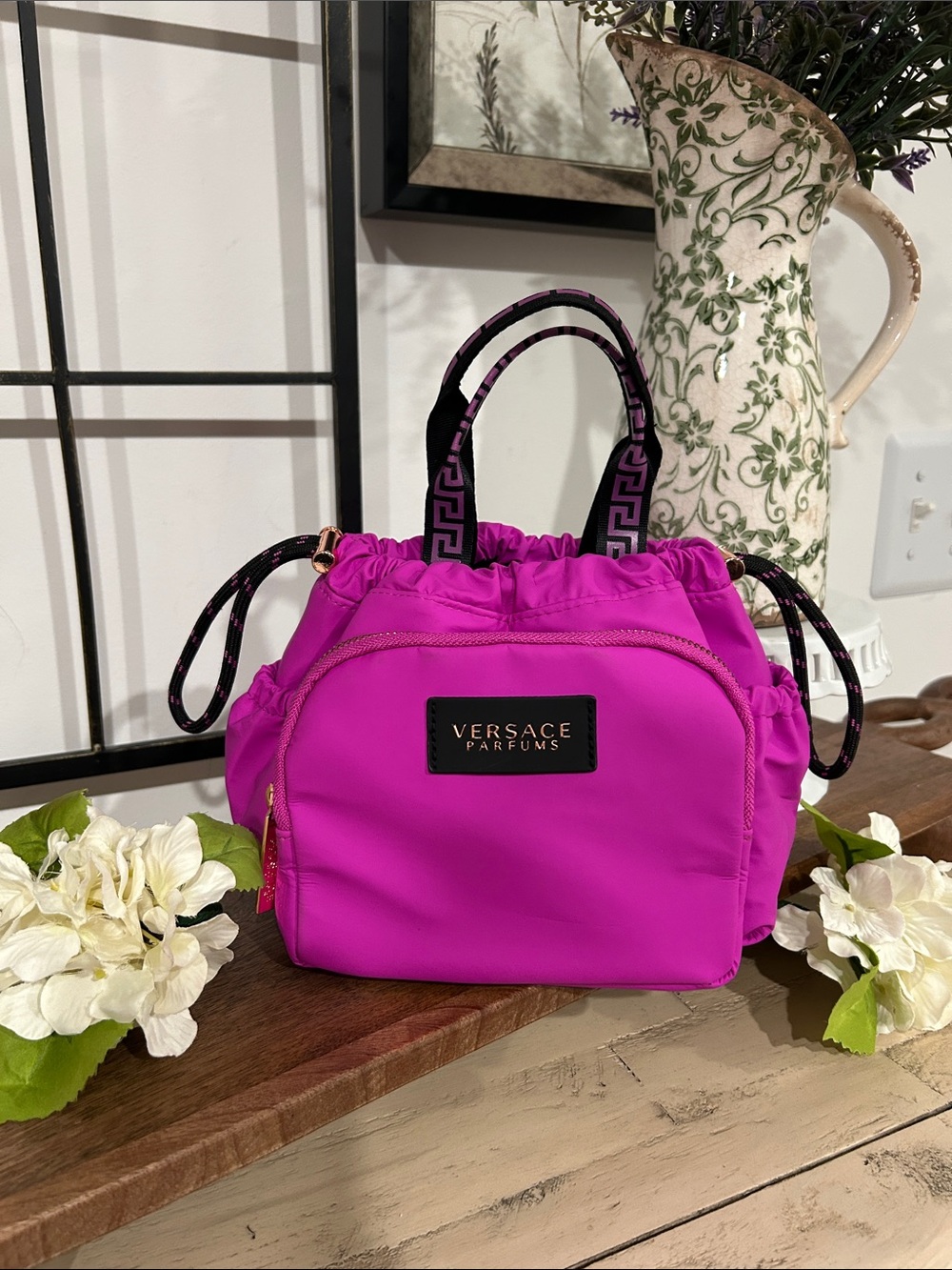 Versace Fuchsia Nylon Mini Drawstring Tote